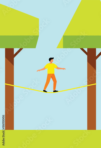 Person balancing on tightrope between two trees against a sky