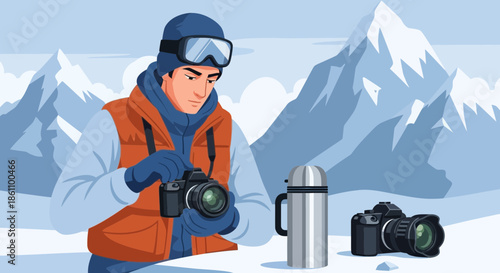 Photographer with Camera and Thermos in Snow.