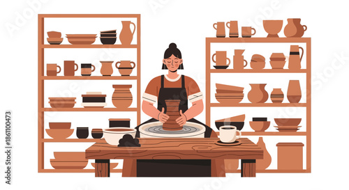 Potter Creating Ceramic Piece on Wheel.