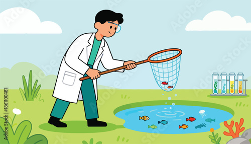 Scientist with net captures colorful fish in pond, test tubes with plants nearby