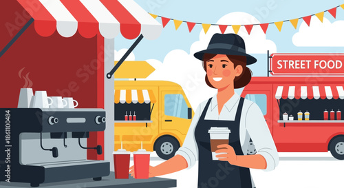 Smiling Female Coffee Vendor at Street Food Stall.