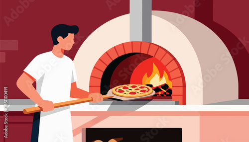 Man with pizza peel slides pizza into a wood-fired oven with flames