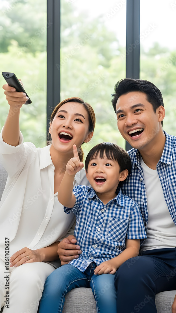 Fototapeta premium Happy Asian Family Watching TV with Excitement