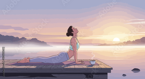 Woman Practicing Yoga on Dock at Sunrise.