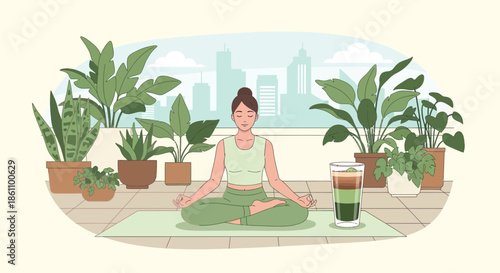 Woman Practicing Yoga with Plants Around.