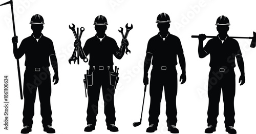 Construction worker silhouettes set with professional laborers holding tools, industrial workforce concept, black vector illustration on white background