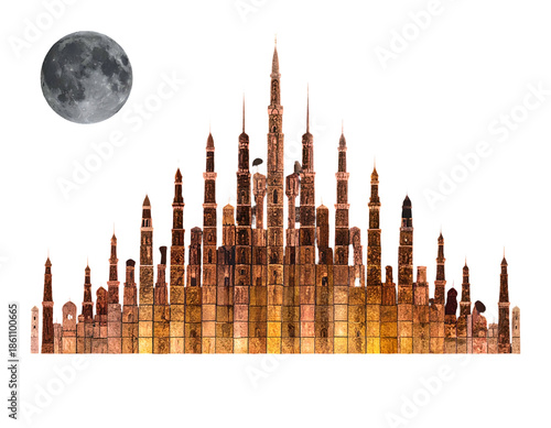 An architectural marvel crafted of illuminated blocks against a starry void