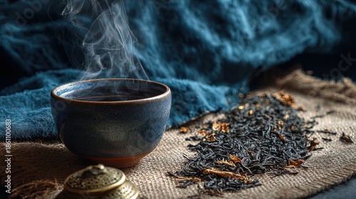 Steaming ceramic tea bowl beside loose leaves on burlap in the foreground, blue textile and soft smoke in the background, brass lid nearby, cozy zen ritual, concept for beverage advertising