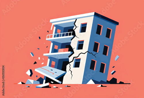Stylized building cracks and collapses amid flying debris on a vibrant backdrop