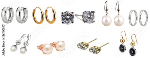 a collection of elegantly styled earrings, including classic hoops, lustrous pearls, sparkling diamonds, and sophisticated dangle designs on a clean background.