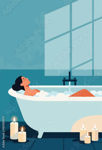 Woman relaxes in a foamy bathtub with candles flickering by a window