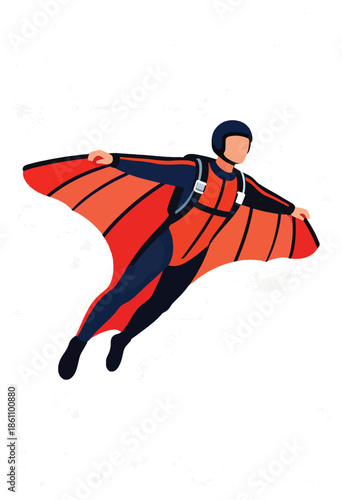 A person in a red wingsuit with black trim and helmet soars through the air