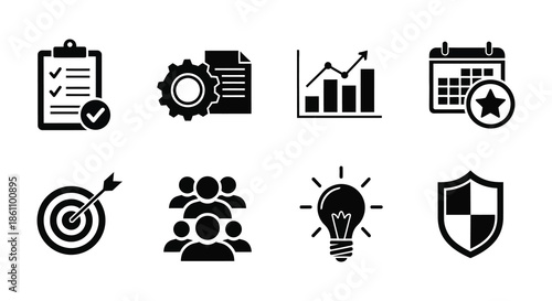 Collection of black business icons depicting strategy growth and success a silhouette