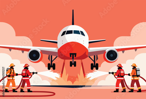 Firefighters battle flames at the base of a landing airplane