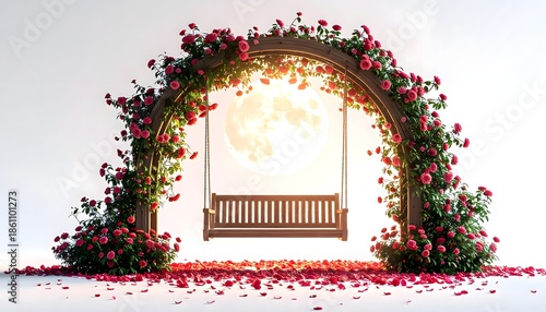 Romantic wooden swing under floral arch with glowing full moon high resolution image