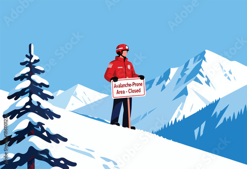 Rescuer in red holds a "Closed" sign amidst snowy mountains and a pine tree