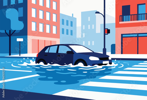 A car drives through a flooded street in an urban setting