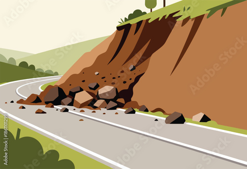 Cliffside collapse spills rocks onto a winding road