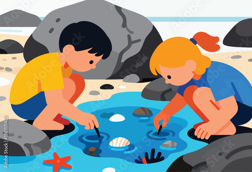 Two children explore tide pools on a sandy beach, examining rocks and shells
