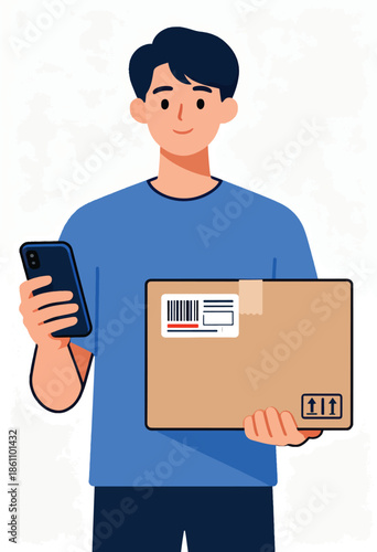 Person holding package and smartphone, ready for delivery