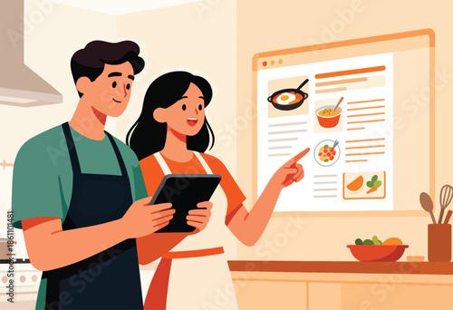 Couple in aprons using tablet and pointing at recipe on screen