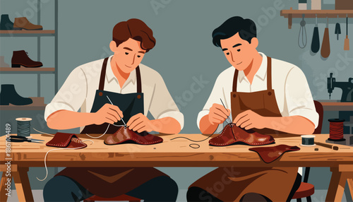 Two men in aprons hand-stitching leather shoes on wooden workbench