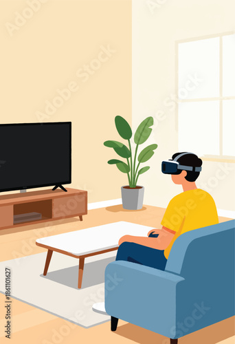 Person wearing VR headset, immersed in virtual reality in a living room