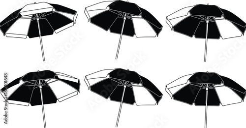 Beach umbrella silhouette set in multiple angles, summer outdoor shade concept, black and white vector illustration collection