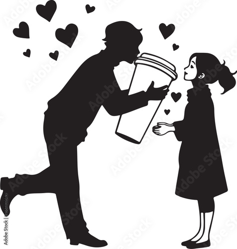 Romantic Coffee Time Silhouette Illustration with Hearts and Couple