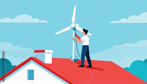 Person on a rooftop installing a small wind turbine with wires