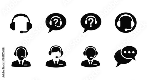 A collection of black support icons depicting headsets and customer service agents silhouette