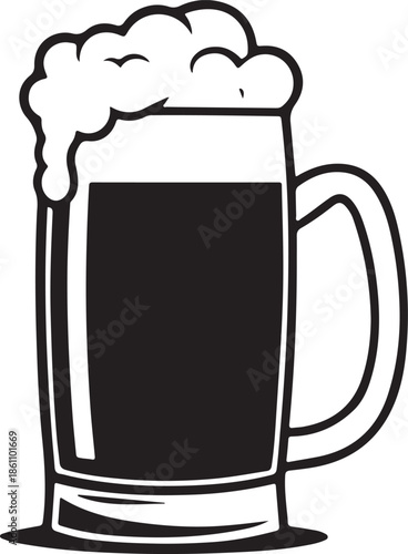 Classic Beer Mug Stein Vector Icon with Frothy Foam Head - Black and White Illustration