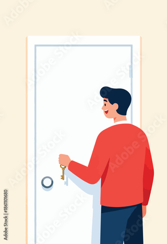Smiling person in red sweater holds a golden key to unlock a white door