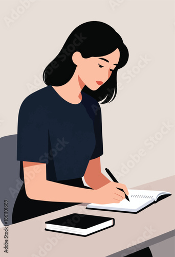 A focused individual with dark hair writes diligently in a notebook on a desk