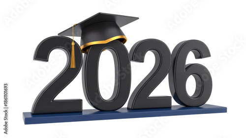 A 3D render of large black numbers 2026 with a graduation cap on top of the number 6.