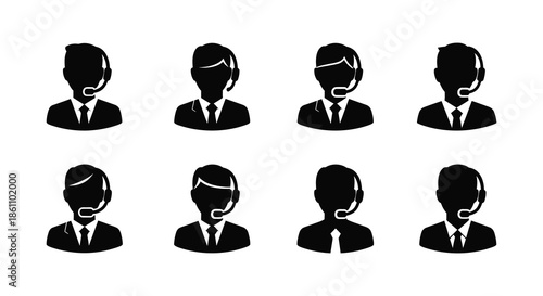 Eight black silhouettes of customer service representatives wearing headsets a professional icon set silhouette