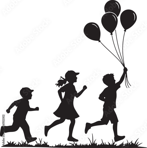 Black Silhouette of Three Running Children Holding Balloons
