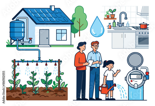 Family watches automated irrigation system and water meter, illustrating water conservation efforts