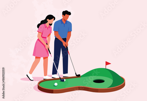 Two people on a miniature golf course, one preparing to putt