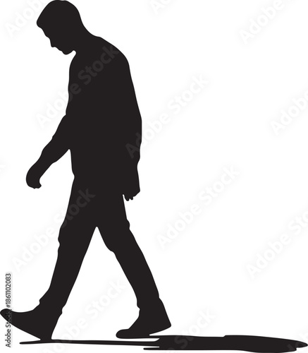 Black silhouette of a man walking alone with head down on white background
