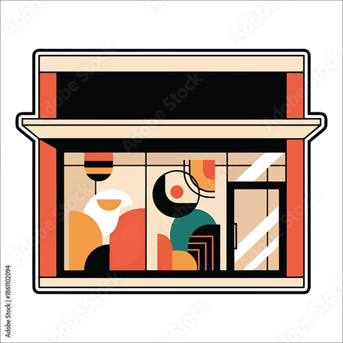 Title: Abstract of a vintage storefront with geometric shapes and people inside on white background