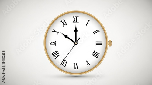 A gold rimmed analog clock with roman numerals on white background showing time
