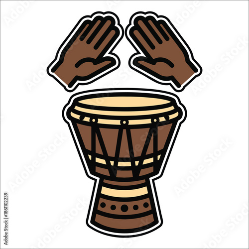 Title: of two hands playing a traditional African drum with a detailed brown wooden