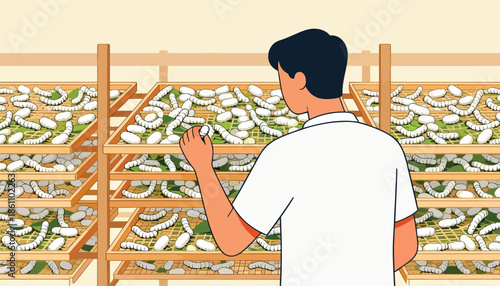 A person inspects many silkworms resting on trays of leaves in a nurturing facility