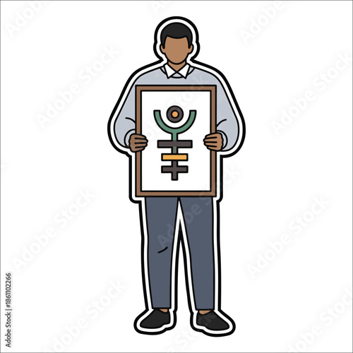 Title: Person holding a sign with a symbol of a circle and a cross in a minimalist