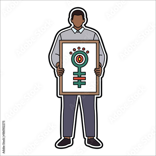 Title: Person holding a sign with a symbol of a circle and a cross with additional in a minimalist