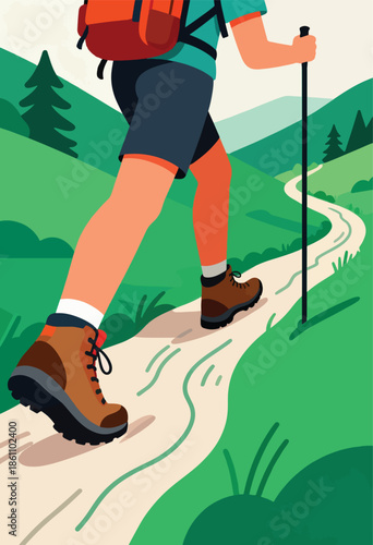 Person with backpack and pole walks on a winding path through hills