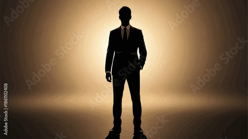 Silhouette of a man in a suit standing confidently.