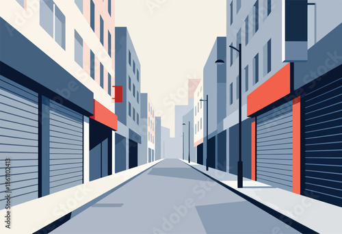 Empty street lined with closed shops and apartments, perspective view
