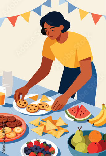 A person arranges snacks and fruits on a table under festive bunting